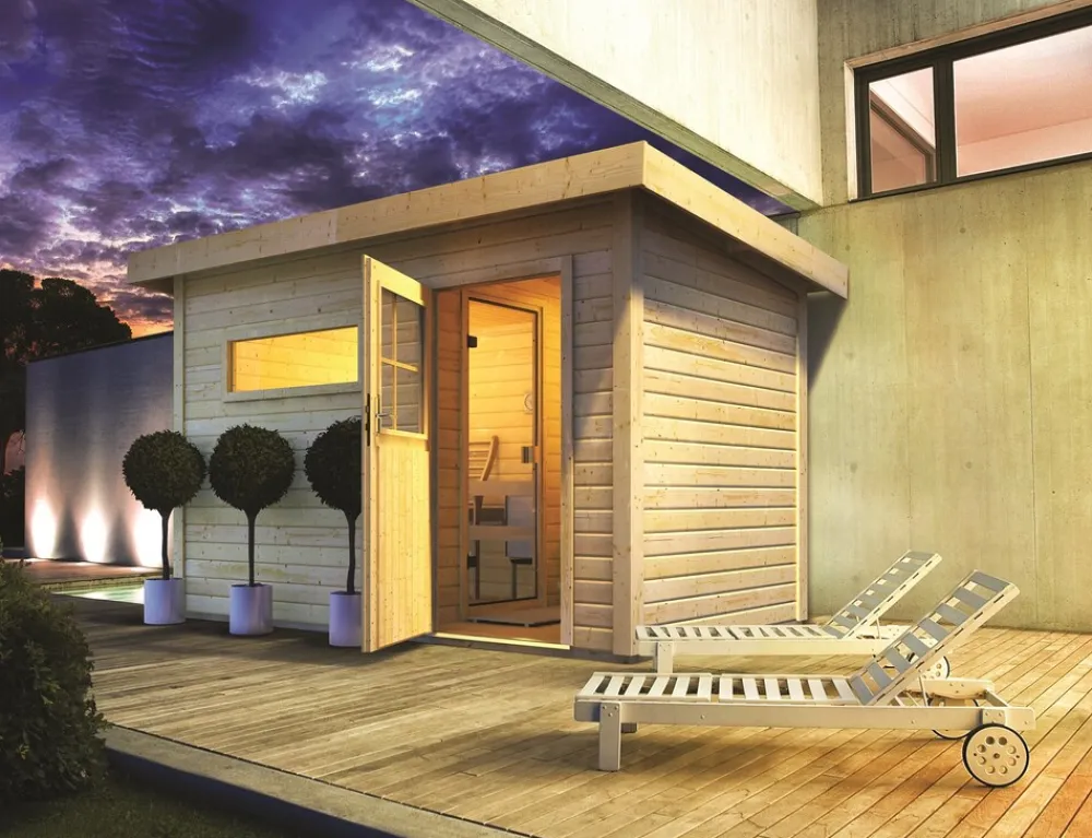 Karibu Holztechnik Karibu Saunahaus "Ondo 1" SET naturbelassen mit Ofen 9 kW ext. Strg, Kabel, Dachfolie, Fenster Hot