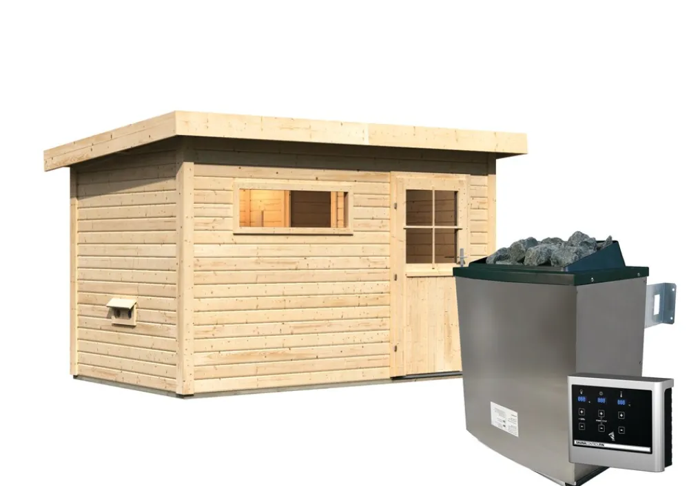 Karibu Holztechnik Karibu Saunahaus "Ondo 1" SET naturbelassen mit Ofen 9 kW ext. Strg, Kabel, Dachfolie, Fenster Hot