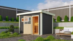 Karibu Saunahaus "Ondo" 1 SET terragrau mit Ofen 9 kW Bio ext. Strg, Kabel, Dachfolie, Fenster Online