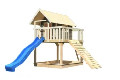 Karibu Stelzenhaus Fidel mit Rutsche blau und Holzrampe ^ Karibu Holztechnik