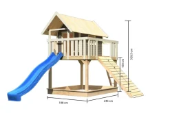 Karibu Stelzenhaus Fidel mit Rutsche blau und Holzrampe ^ Karibu Holztechnik