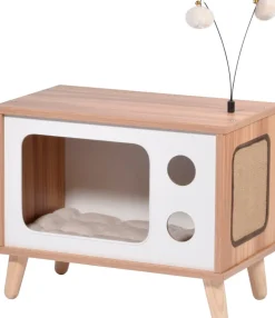 Katzenhöhle TV-Design mit Spielbällen, Jute-Fläche & Plüschkissen ^ Dobar Hot