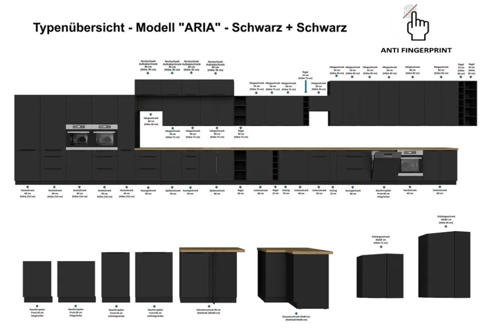 Küche ARIA Hängeschrank 50 cm Höhe 90 cm Schwarz Küchenzeile Anti Fingerprint ^ Küchen-Preisbombe Discount