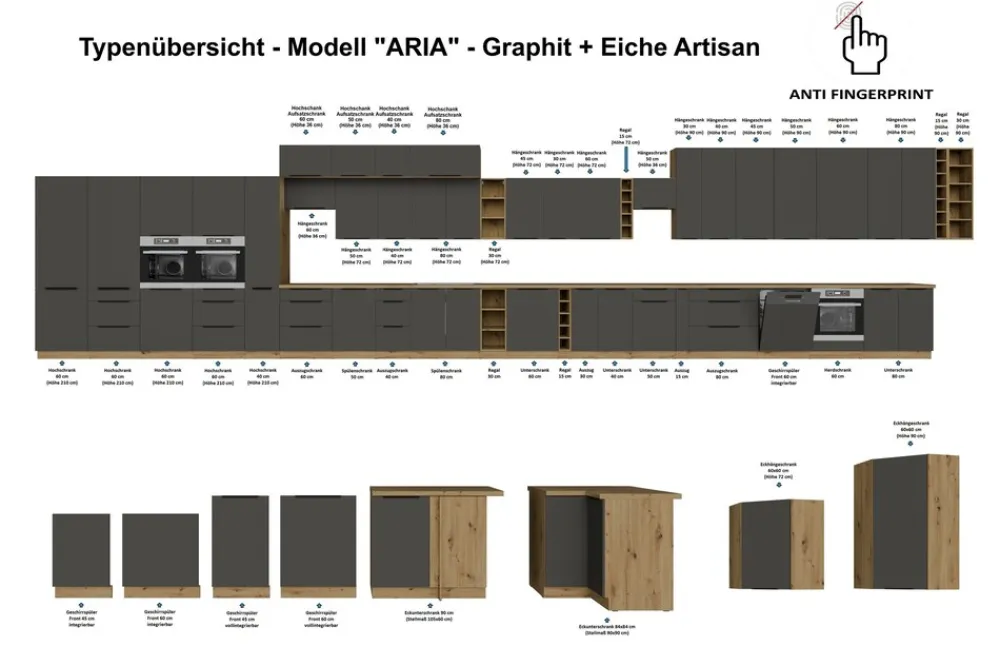 Küchen Aufsatzschrank 60 Küche ARIA Graphite matt Küchenzeile Anti Fingerprint ^ Küchen-Preisbombe Outlet