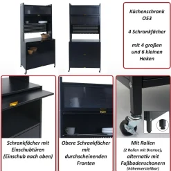 MCW Küchenschrank -O53, Küchenregal Schrank Arbeitsplatte Schrankfächer rollbar Metall 175x80x42cm ~ schwarz Clearance