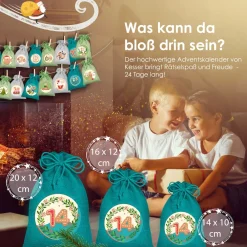 KESSER ® Adventskalender zum Befüllen 24 Jutebeutel Gedruckte Stoffbeutel Kinder Weihnachtskalender zum Selber Befüllen Inkl.. 24x Schildchen + 1 Großer Aufbewahrungsbeutel Stoff Rot Best