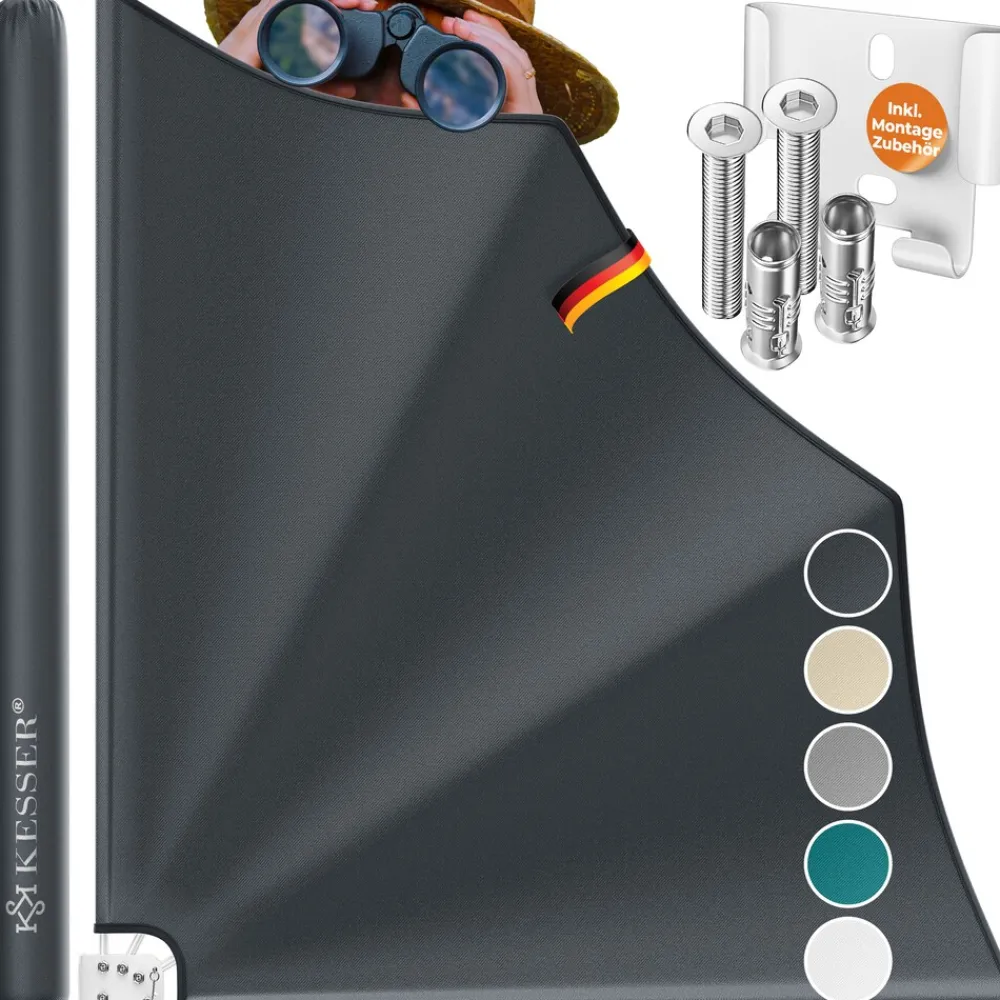 ® Balkonfächer klappbar mit Wandhalterung | 140x140cm | Sichtschutz Balkon Windschutz | Balkonsichtschutz | Seitenmarkise | witterungsbeständig | inkl. Montagematerial | ^ KESSER Outlet