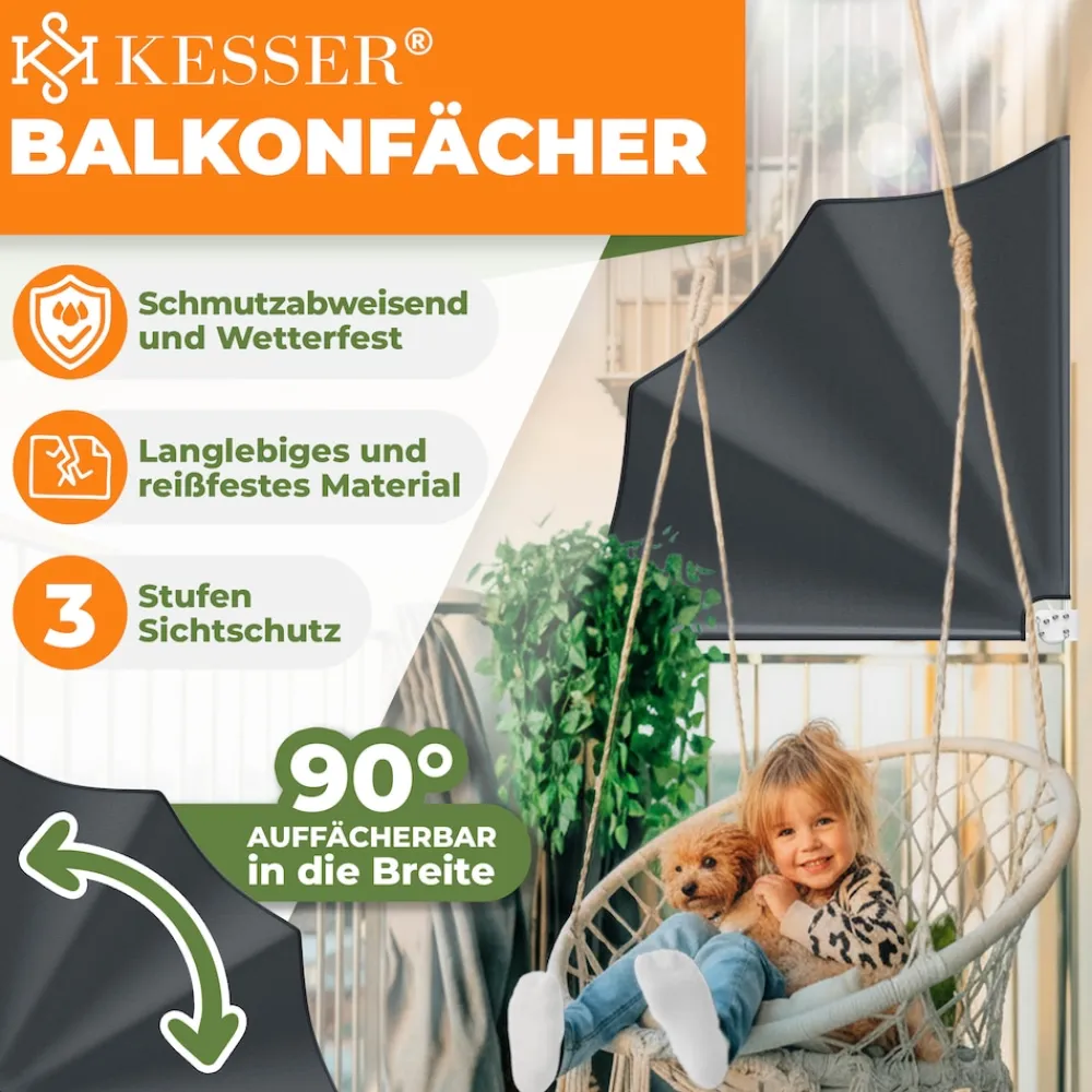 ® Balkonfächer klappbar mit Wandhalterung | 140x140cm | Sichtschutz Balkon Windschutz | Balkonsichtschutz | Seitenmarkise | witterungsbeständig | inkl. Montagematerial | ^ KESSER Outlet
