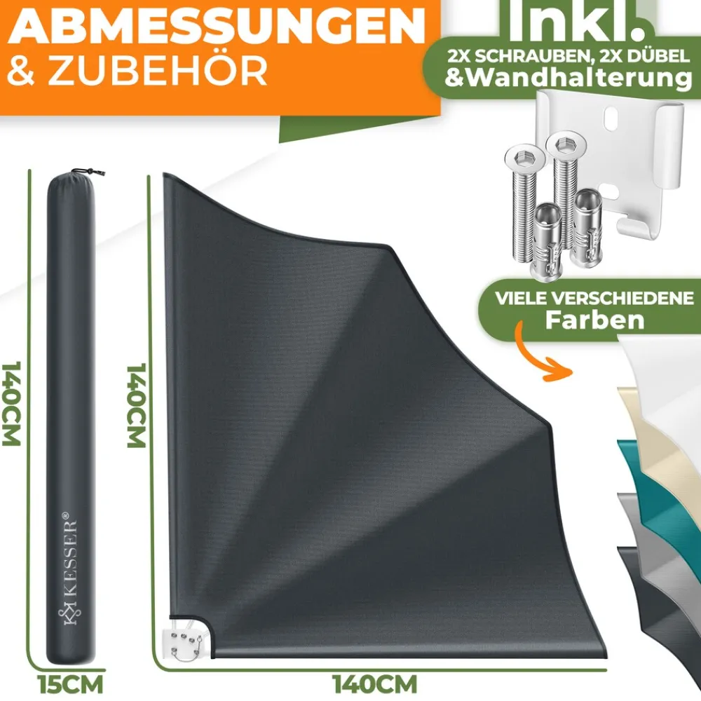 ® Balkonfächer klappbar mit Wandhalterung | 140x140cm | Sichtschutz Balkon Windschutz | Balkonsichtschutz | Seitenmarkise | witterungsbeständig | inkl. Montagematerial | ^ KESSER Outlet