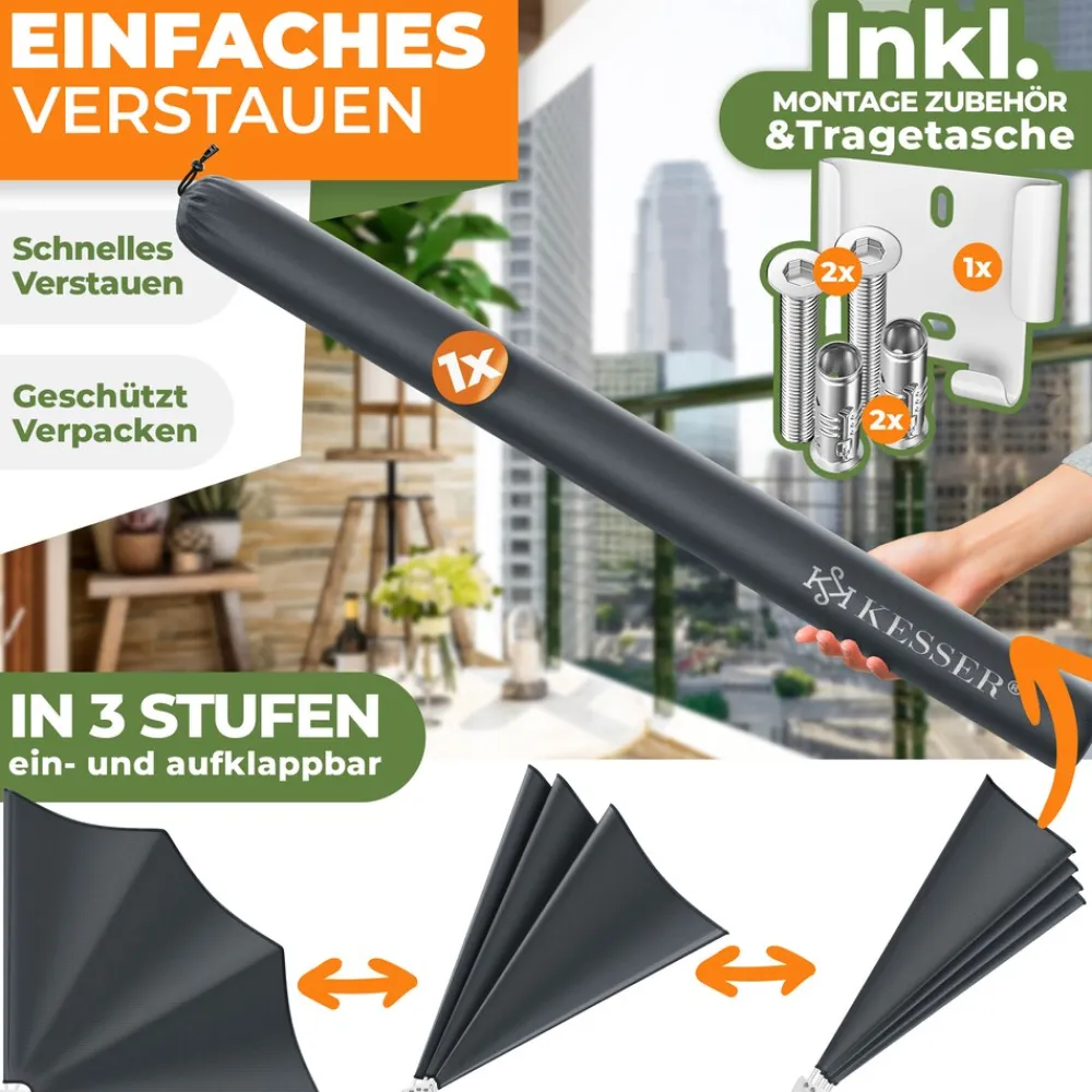 ® Balkonfächer klappbar mit Wandhalterung | 140x140cm | Sichtschutz Balkon Windschutz | Balkonsichtschutz | Seitenmarkise | witterungsbeständig | inkl. Montagematerial | ^ KESSER Outlet