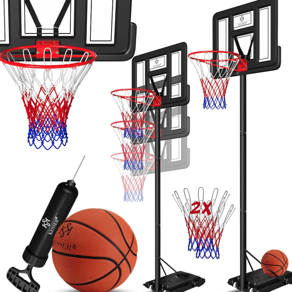 ® Basketballkorb Premium mit Ständer Rollen Inkl. Basketball + Pumpe verstellbare Korbhöhe 230 bis 305 cm höhenverstellbar Korbanlage Outdoor komplett Basketballanlage für Erwachsene Kinder ^ KESSER New