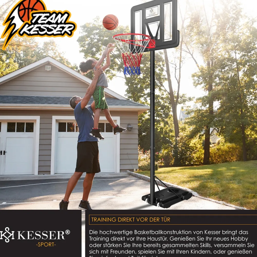 ® Basketballkorb Premium mit Ständer Rollen Inkl. Basketball + Pumpe verstellbare Korbhöhe 230 bis 305 cm höhenverstellbar Korbanlage Outdoor komplett Basketballanlage für Erwachsene Kinder ^ KESSER New