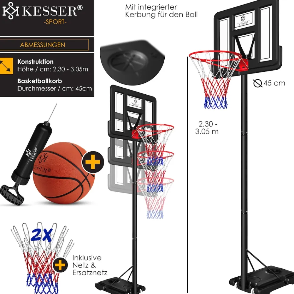 ® Basketballkorb Premium mit Ständer Rollen Inkl. Basketball + Pumpe verstellbare Korbhöhe 230 bis 305 cm höhenverstellbar Korbanlage Outdoor komplett Basketballanlage für Erwachsene Kinder ^ KESSER New