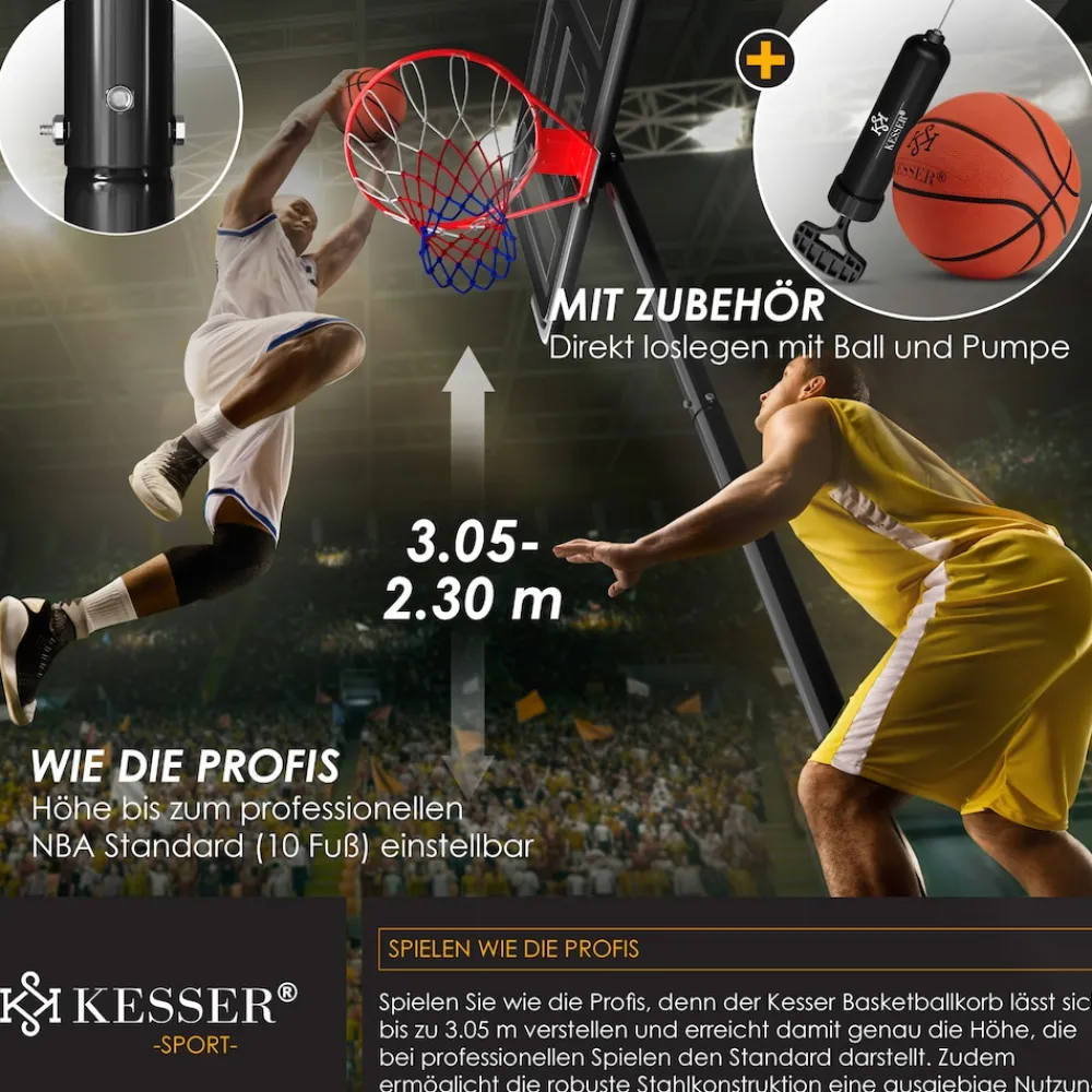 ® Basketballkorb Premium mit Ständer Rollen Inkl. Basketball + Pumpe verstellbare Korbhöhe 230 bis 305 cm höhenverstellbar Korbanlage Outdoor komplett Basketballanlage für Erwachsene Kinder ^ KESSER New