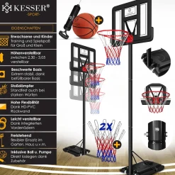 ® Basketballkorb Premium mit Ständer Rollen Inkl. Basketball + Pumpe verstellbare Korbhöhe 230 bis 305 cm höhenverstellbar Korbanlage Outdoor komplett Basketballanlage für Erwachsene Kinder ^ KESSER New