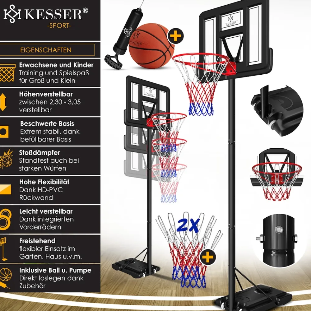 ® Basketballkorb Premium mit Ständer Rollen Inkl. Basketball + Pumpe verstellbare Korbhöhe 230 bis 305 cm höhenverstellbar Korbanlage Outdoor komplett Basketballanlage für Erwachsene Kinder ^ KESSER New