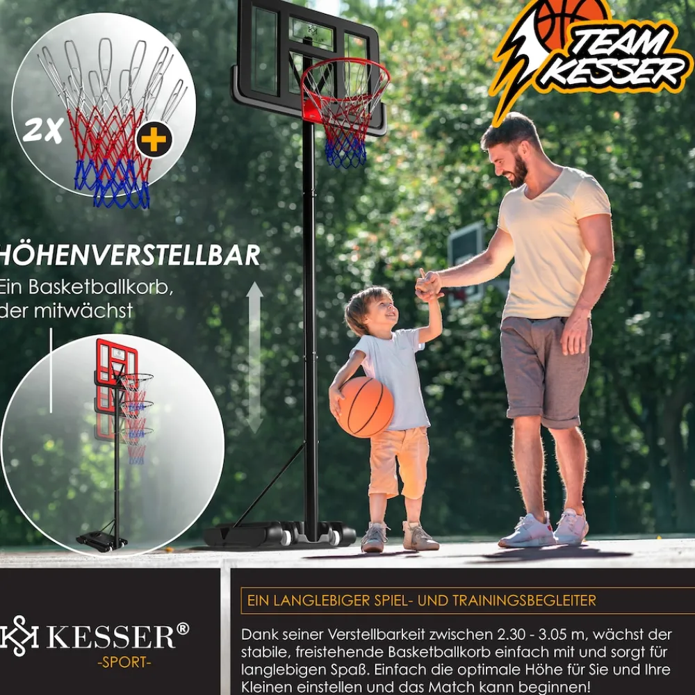 ® Basketballkorb Premium mit Ständer Rollen Inkl. Basketball + Pumpe verstellbare Korbhöhe 230 bis 305 cm höhenverstellbar Korbanlage Outdoor komplett Basketballanlage für Erwachsene Kinder ^ KESSER New