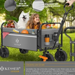 ® Bollerwagen faltbar Handwagen Transportkarre max. 150kg Tragkraft & 360° PVC-Reifen Gerätewagen inkl. 2 Netztaschen, Seitentasche & Abdeckung Transportwagen Gartenanhänger ohne Dach ^ KESSER Clearance