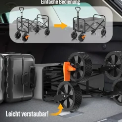 ® Bollerwagen faltbar Handwagen Transportkarre max. 150kg Tragkraft & 360° PVC-Reifen Gerätewagen inkl. 2 Netztaschen, Seitentasche & Abdeckung Transportwagen Gartenanhänger ohne Dach ^ KESSER Clearance
