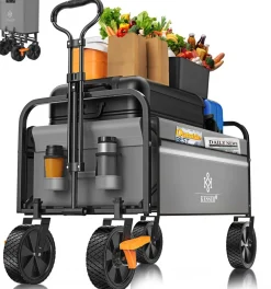 ® Bollerwagen faltbar Handwagen Transportkarre max. 150kg Tragkraft & 360° PVC-Reifen Gerätewagen inkl. 2 Netztaschen, Seitentasche & Abdeckung Transportwagen Gartenanhänger ohne Dach ^ KESSER Clearance