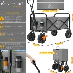 ® Bollerwagen faltbar Handwagen Transportkarre max. 150kg Tragkraft & 360° PVC-Reifen Gerätewagen inkl. 2 Netztaschen, Seitentasche & Abdeckung Transportwagen Gartenanhänger ohne Dach ^ KESSER Clearance
