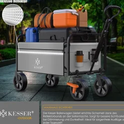 ® Bollerwagen faltbar Handwagen Transportkarre max. 150kg Tragkraft & 360° PVC-Reifen Gerätewagen inkl. 2 Netztaschen, Seitentasche & Abdeckung Transportwagen Gartenanhänger ohne Dach ^ KESSER Clearance