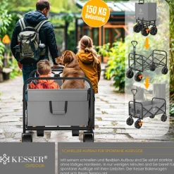 ® Bollerwagen faltbar Handwagen Transportkarre max. 150kg Tragkraft & 360° PVC-Reifen Gerätewagen inkl. 2 Netztaschen, Seitentasche & Abdeckung Transportwagen Gartenanhänger ohne Dach ^ KESSER Clearance