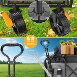 ® Bollerwagen faltbar Handwagen Transportkarre max. 150kg Tragkraft & 360° PVC-Reifen Gerätewagen inkl. 2 Netztaschen, Seitentasche & Abdeckung Transportwagen Gartenanhänger ohne Dach ^ KESSER Clearance