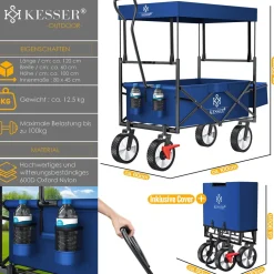 KESSER ® Bollerwagen faltbar mit Dach Handwagen Transportkarre Gerätewagen | inkl. 2 Netztaschen und Einer Außentasche | klappbar | Vollgummi-Reifen | bis 100 kg Tragkraft | Mit Vorderrad-Bremse Grau Sale