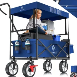 KESSER ® Bollerwagen faltbar mit Dach Handwagen Transportkarre Gerätewagen | inkl. 2 Netztaschen und Einer Außentasche | klappbar | Vollgummi-Reifen | bis 100 kg Tragkraft | Mit Vorderrad-Bremse Grau Sale