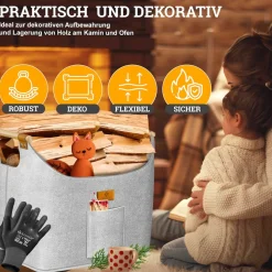 KESSER ® Brennholzkorb | Kaminholztasche extra dicker Filz | Feuerholzkorb faltbar mit verstärkten Holzgriffen | Aufbewahrungskorb für Holz, Zeitung oder Brennholz | Inkl. Arbeitshandschuhen Anthrazit Best