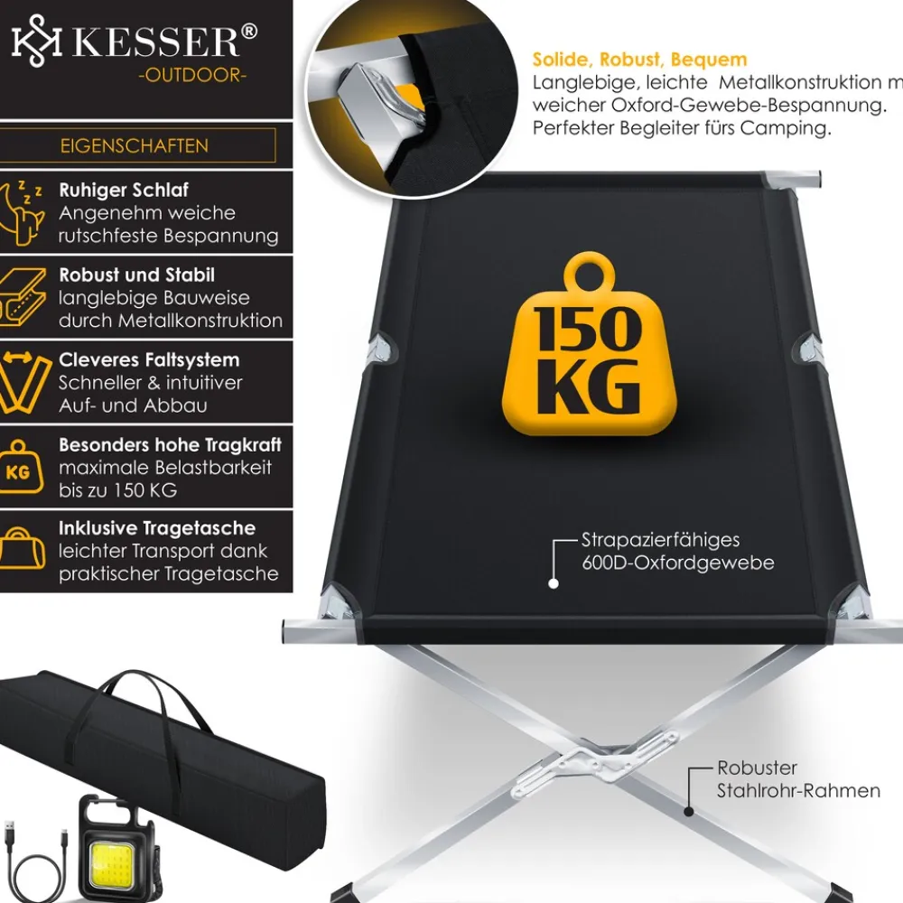 ® Campingbett Klappbett Inkl.Tragetasche und Seitentasche Stabiles Feldbett 150 kg Belastbar Metallrohr 600D Oxfordgewebe Tragbar Liege Reise Bequem ^ KESSER Hot