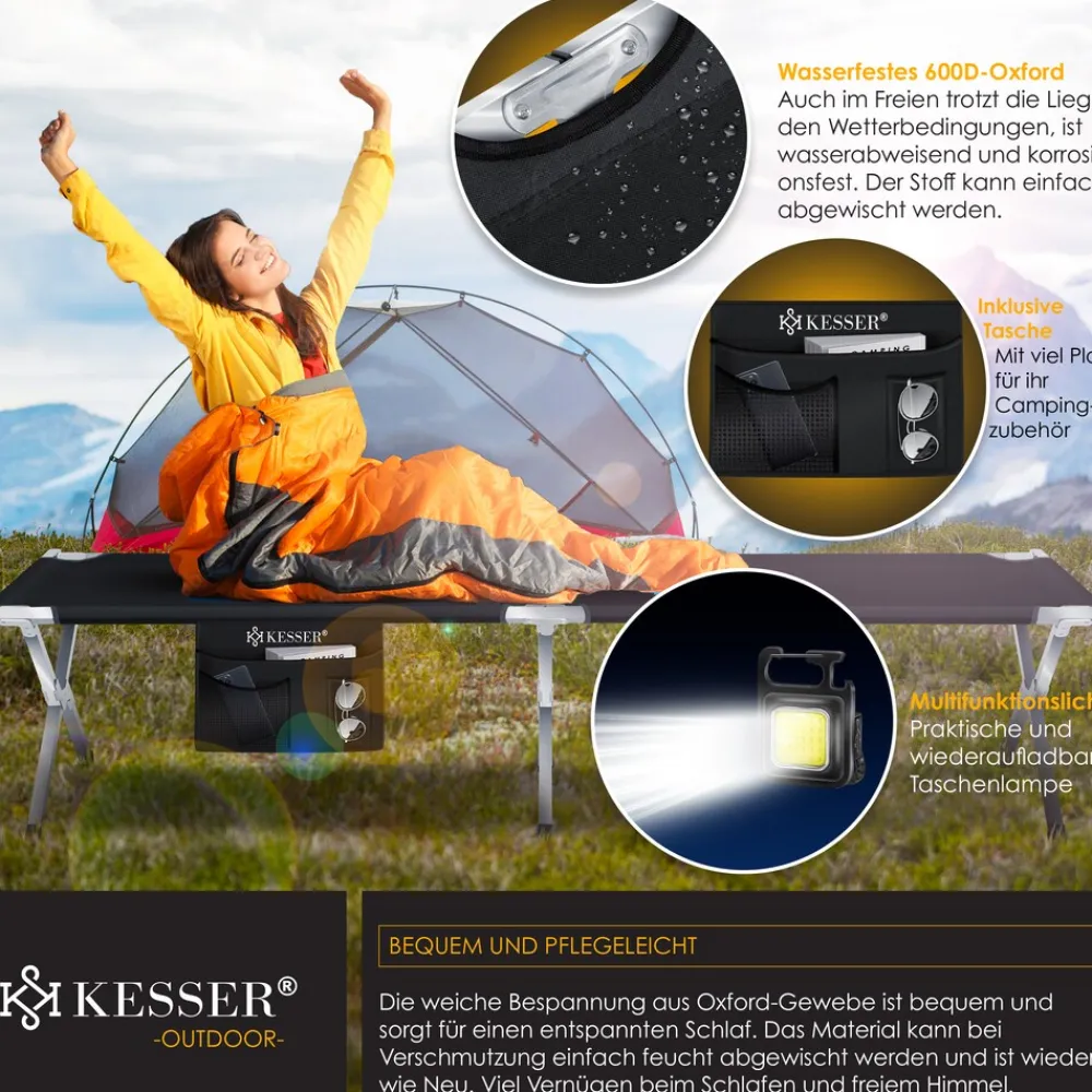 ® Campingbett Klappbett Inkl.Tragetasche und Seitentasche Stabiles Feldbett 150 kg Belastbar Metallrohr 600D Oxfordgewebe Tragbar Liege Reise Bequem ^ KESSER Hot