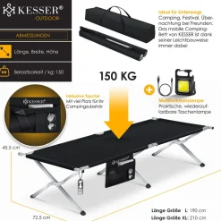 ® Campingbett Klappbett Inkl.Tragetasche und Seitentasche Stabiles Feldbett 150 kg Belastbar Metallrohr 600D Oxfordgewebe Tragbar Liege Reise Bequem ^ KESSER Hot