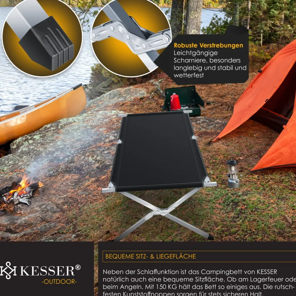 ® Campingbett Klappbett Inkl.Tragetasche und Seitentasche Stabiles Feldbett 150 kg Belastbar Metallrohr 600D Oxfordgewebe Tragbar Liege Reise Bequem ^ KESSER Hot