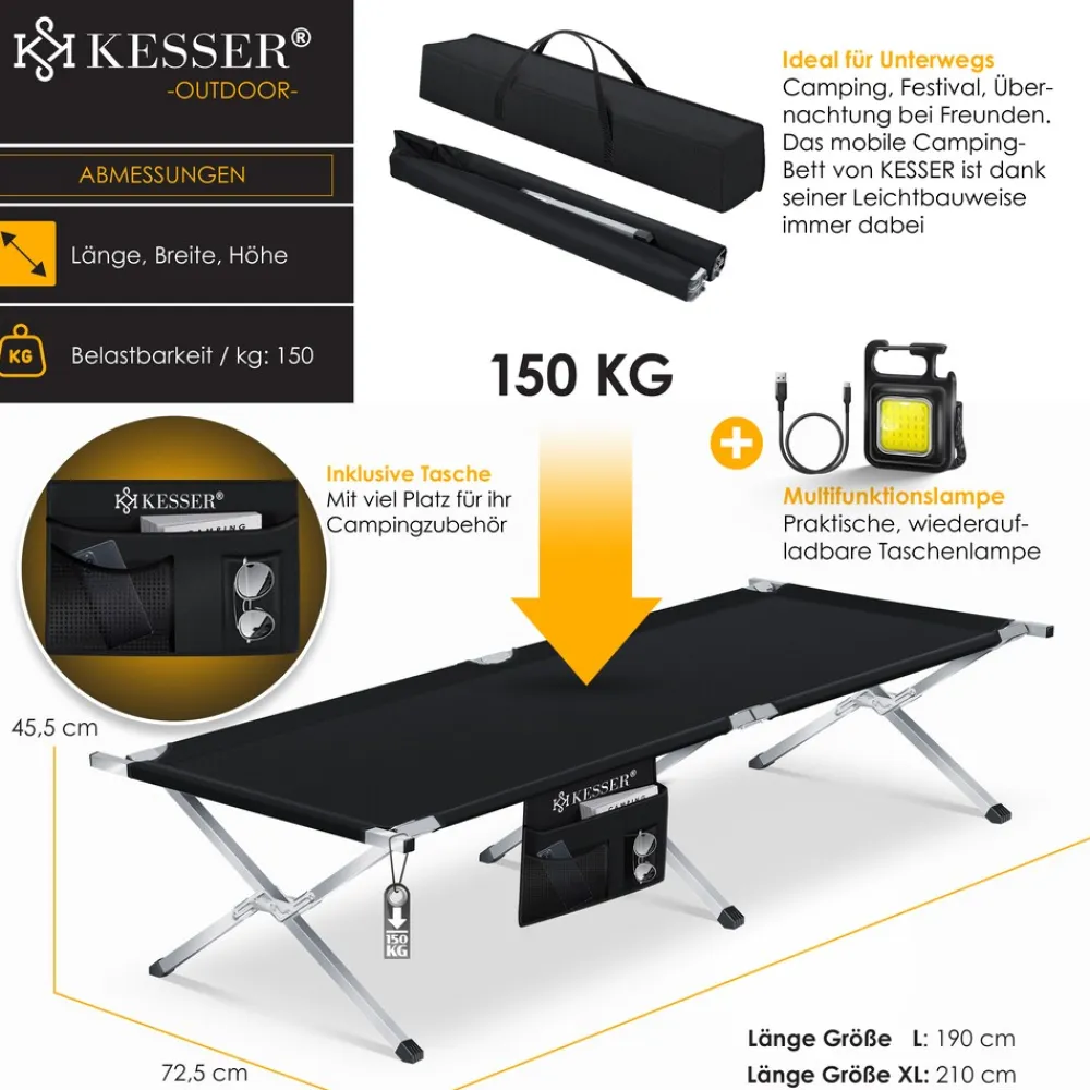® Campingbett Klappbett Inkl.Tragetasche und Seitentasche Stabiles Feldbett 150 kg Belastbar Metallrohr 600D Oxfordgewebe Tragbar Liege Reise Bequem ^ KESSER Hot