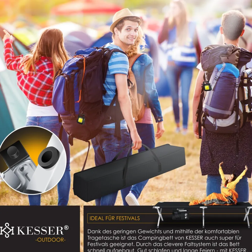 ® Campingbett Klappbett Inkl.Tragetasche und Seitentasche Stabiles Feldbett 150 kg Belastbar Metallrohr 600D Oxfordgewebe Tragbar Liege Reise Bequem ^ KESSER Hot
