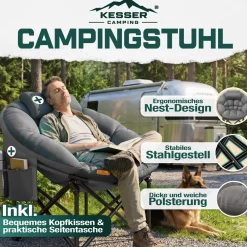 ® Campingstuhl Chillexer faltbar 150 Kg Klappstuhl ultraleicht und breit, dickes Polster mit bequemen Kissen und Seitentasche, Cover, Outdoor + Indoor - rund, Camping, Angeln, Festival, Strand ^ KESSER