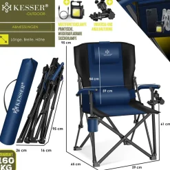 KESSER ® Campingstuhl faltbar bis 160 kg | Angelstuhl Faltstuhl Klappstuhl Gepolstert mit Armlehnen | Campinglicht und Getränkehalter + Tasche mit hoher Rückenlehne | Strandstuhl mit Angelhalterung Anthrazit / Schwarz Clearance