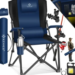 KESSER ® Campingstuhl faltbar bis 160 kg | Angelstuhl Faltstuhl Klappstuhl Gepolstert mit Armlehnen | Campinglicht und Getränkehalter + Tasche mit hoher Rückenlehne | Strandstuhl mit Angelhalterung Anthrazit / Schwarz Clearance