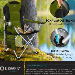 KESSER ® Campingstuhl faltbar bis 150 kg Angelstuhl Faltstuhl Klappstuhl Gepolstert mit Armlehnen, Getränkehalter + Tasche mit hoher Rückenlehne, Strandstuhl, Klapphocker Grau / Schwarz New