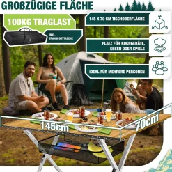 KESSER ® Campingtisch faltbar Klapptisch mit Aluminiumrahmen Aufrollbare Tischplatte Falttisch klappbar inkl. Tragetasche mit Trageband & Netztasche, Holz-Optik Braun / Silber Sale