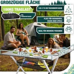 ® Campingtisch faltbar Klapptisch mit Aluminiumrahmen Aufrollbare Tischplatte Falttisch klappbar 145x70x70cm bis 100kg inkl. Tragetasche mit Trageband & Netztasche ^ KESSER New