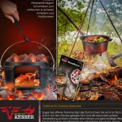 ® Dutch Oven Set BBQ Feuertopf Schmortopf, Gusseisen Topf mit Deckelheber Henkel und Schlitz für Themormeter, kochkessel Grilltopf Gulaschkessel für Oudoor & Indoor ^ KESSER Sale