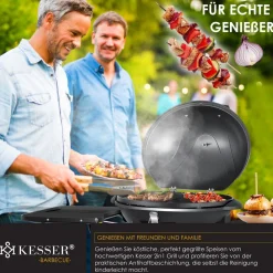 ® elektrischer Elektrogrill 2in1 Tischgrill - Standgrill mit Deckel und Standfuß | max. 2400 Watt | Faltbar | Thermometer | Antihaftbeschichtung | Grillplatte Abstelltische | 2 Räder | ^ KESSER