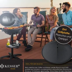 ® elektrischer Elektrogrill 2in1 Tischgrill - Standgrill mit Deckel Standfuß | max. 2400 Watt Thermometer | Antihaftbeschichtung | XXL Grillplatte | integrierte Ablagefläche Elektro-Säulengrill ^ KESSER
