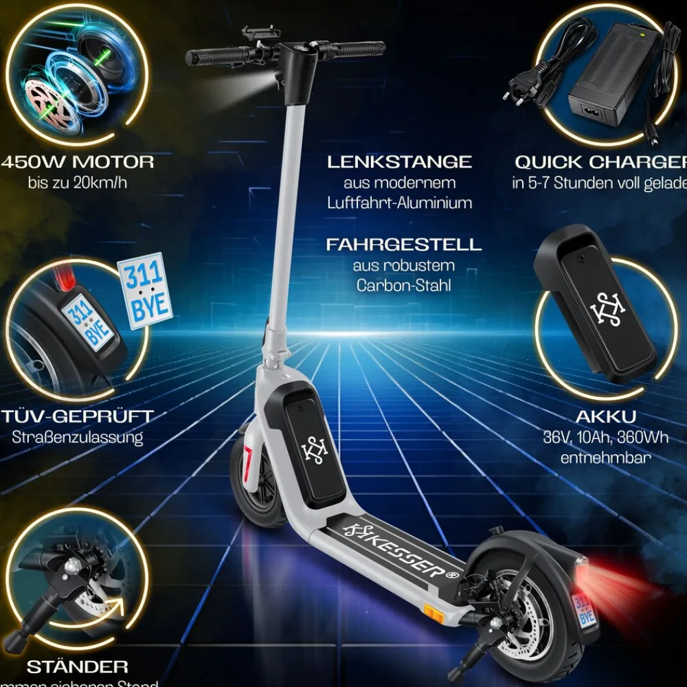 ® E-Scooter mit Straßenzulassung 40km Reichweite Faltbarer Elektro 36V / 10 Ah Batterie Roller Belastung bis 120kg 450W Motor 10" Reifen LCD-Display und universelle Smartphonehalterung ^ KESSER Outlet
