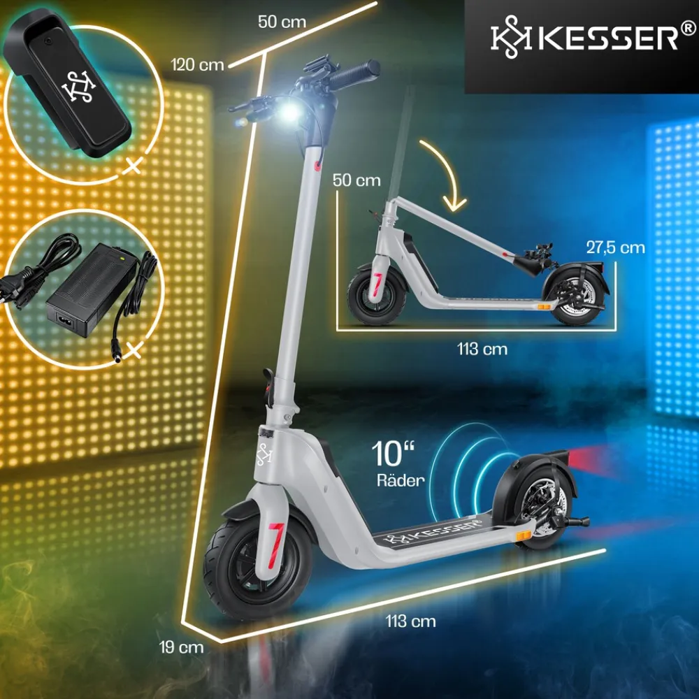 ® E-Scooter mit Straßenzulassung 40km Reichweite Faltbarer Elektro 36V / 10 Ah Batterie Roller Belastung bis 120kg 450W Motor 10" Reifen LCD-Display und universelle Smartphonehalterung ^ KESSER Outlet