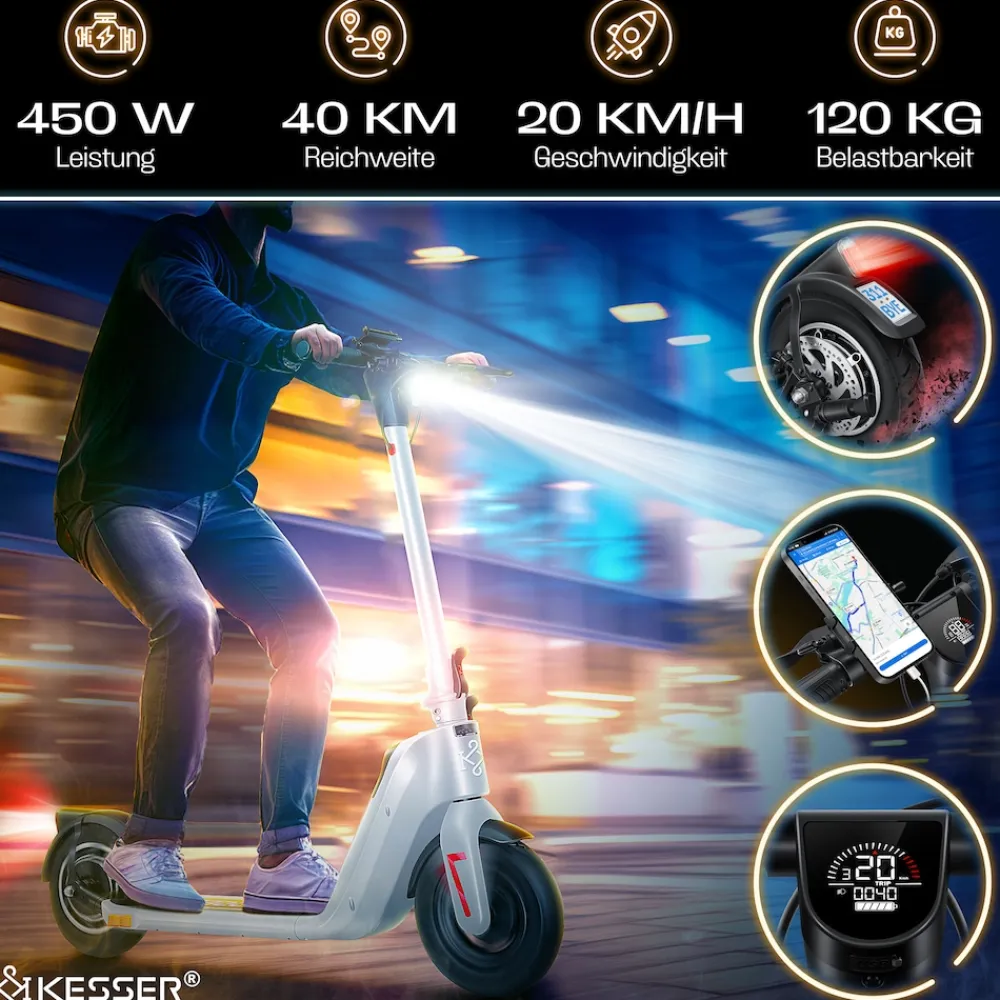 ® E-Scooter mit Straßenzulassung 40km Reichweite Faltbarer Elektro 36V / 10 Ah Batterie Roller Belastung bis 120kg 450W Motor 10" Reifen LCD-Display und universelle Smartphonehalterung ^ KESSER Outlet