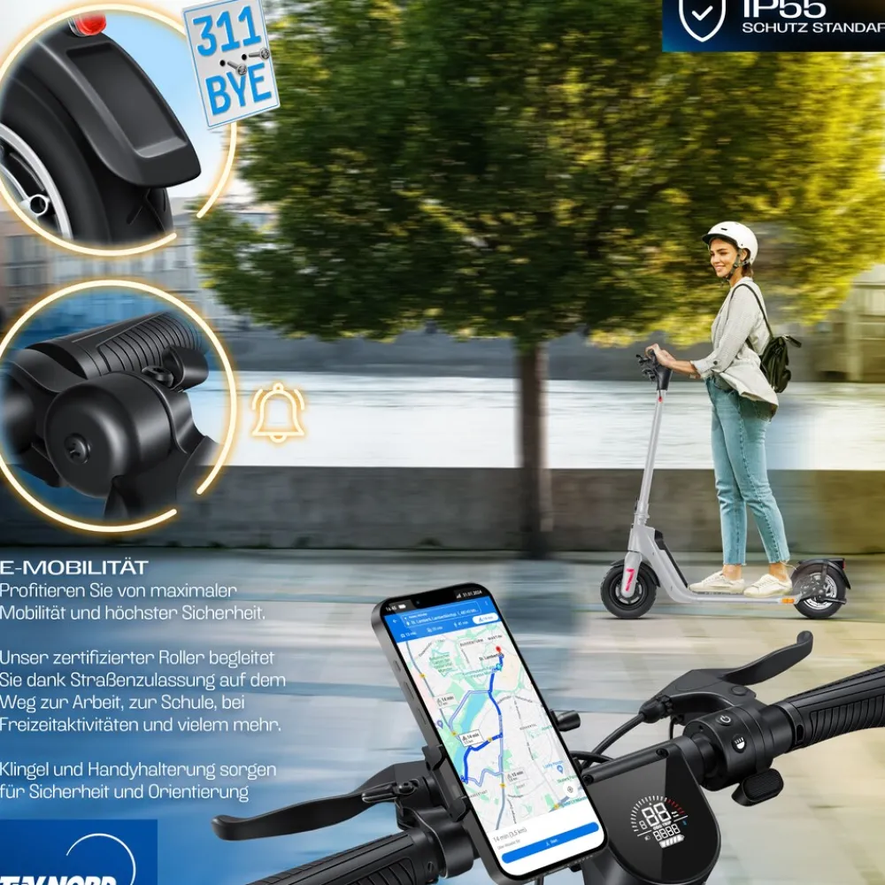 ® E-Scooter mit Straßenzulassung 40km Reichweite Faltbarer Elektro 36V / 10 Ah Batterie Roller Belastung bis 120kg 450W Motor 10" Reifen LCD-Display und universelle Smartphonehalterung ^ KESSER Outlet